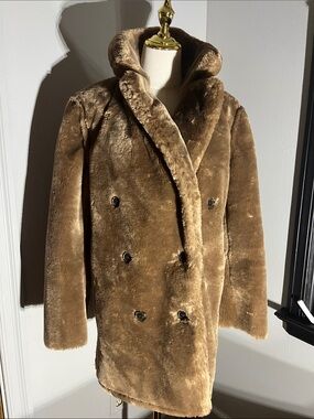 J. Crew NWOT Brown Double-Breasted Faux Fur Pea Coat - Size M